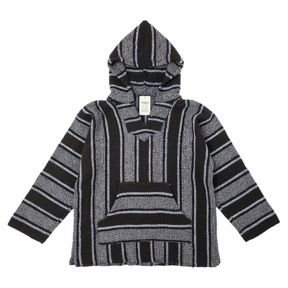 Sunspecs Vintage Striped Baja Hoodie Small - Blue Gray Woven Mexican Poncho